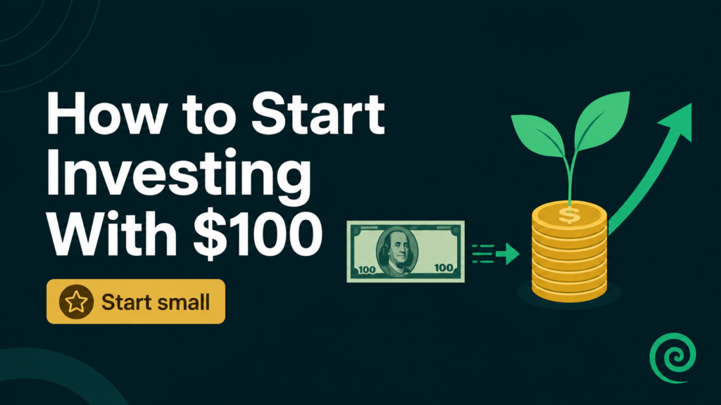 A beginner investing their first $100 using a fractional-shares app on a phone