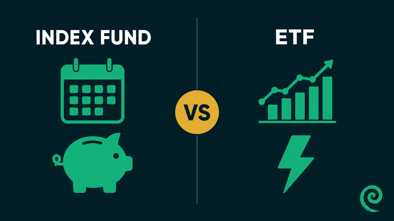 Side-by-side comparison of an index fund and an ETF, showing an index fund trades once daily while an ETF trades anytime like a stock