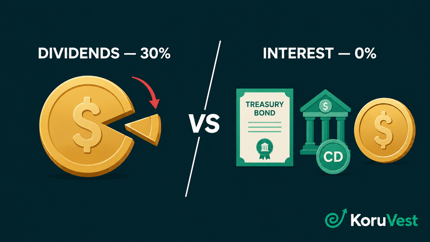 Comparison showing US dividends taxed at 30% for foreigners while Treasury, CD, and bank interest are taxed at 0%